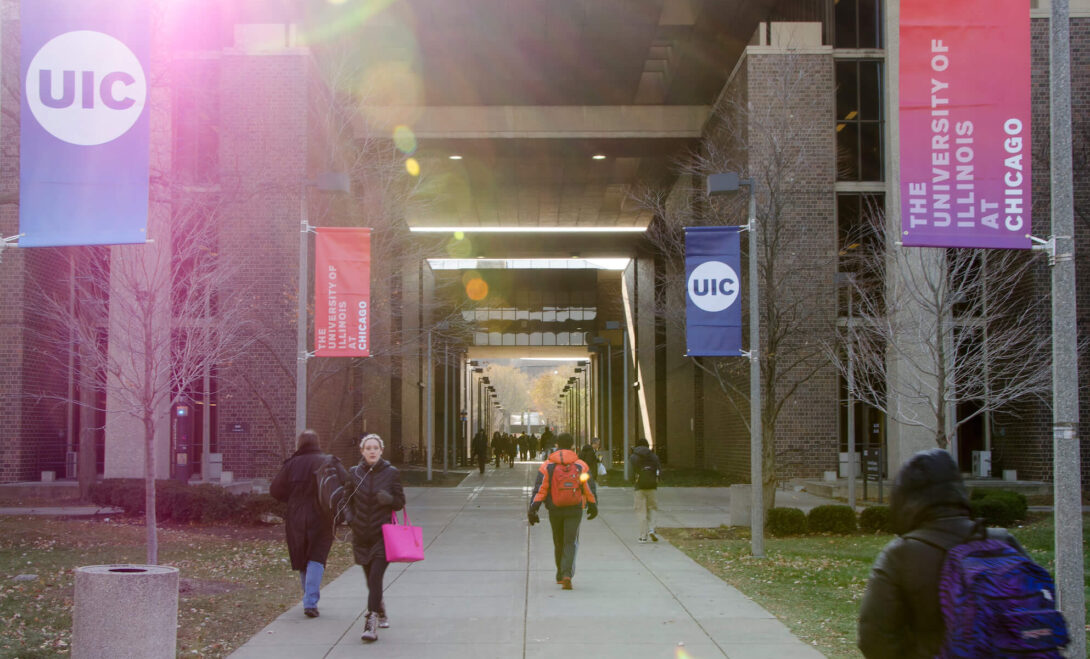 Students walking across the UIC campus