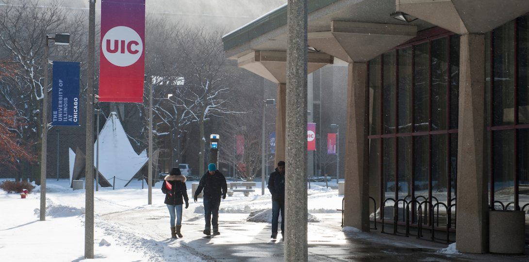 The sun comes out over the snowy UIC campus